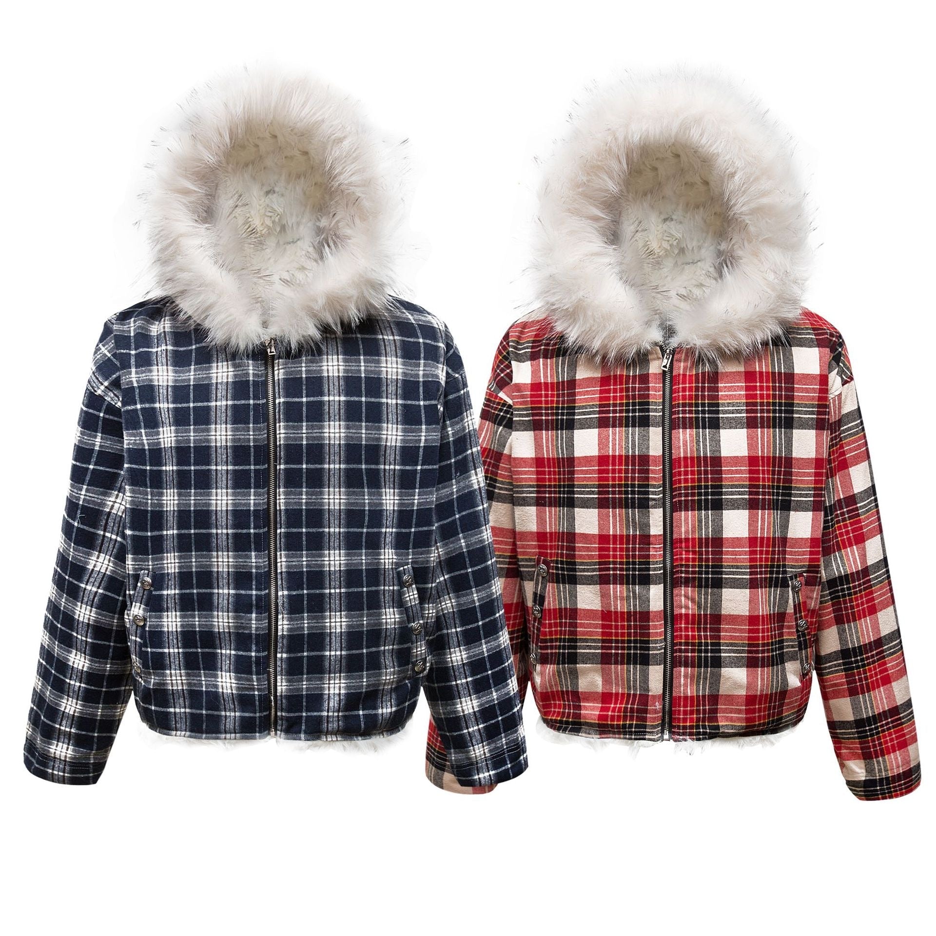 Omirad Plaid Fur-Hood Cotton Jacket | Winter Streetwear