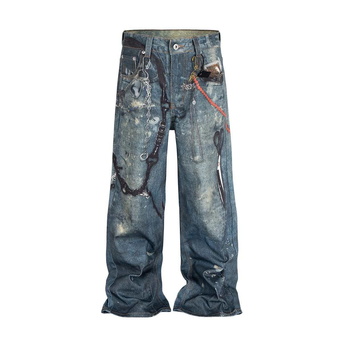 Front view of Omirad wide-leg jeans in heavy distressed blue denim with metal chain hardware and paint-splatter detailing
