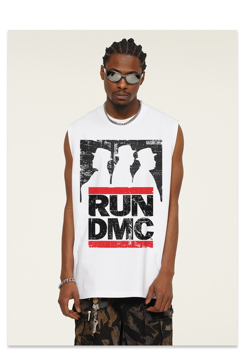 White sleeveless Run DMC tee worn on model, front view