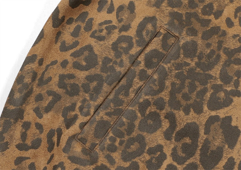 Close-up of leopard print jacket pocket opening sewn into the front panel