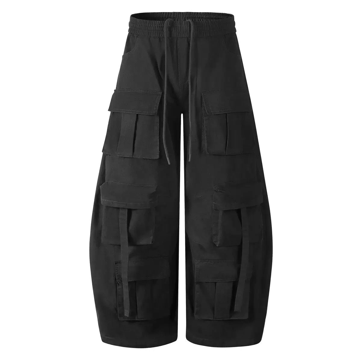 Black multi-pocket cargo barrel pants with wide leg silhouette, elastic drawstring waist, and stacked 3D flap pockets