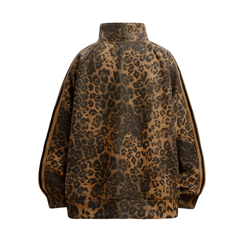 Leopard print track jacket shown from the back with relaxed fit and side stripes