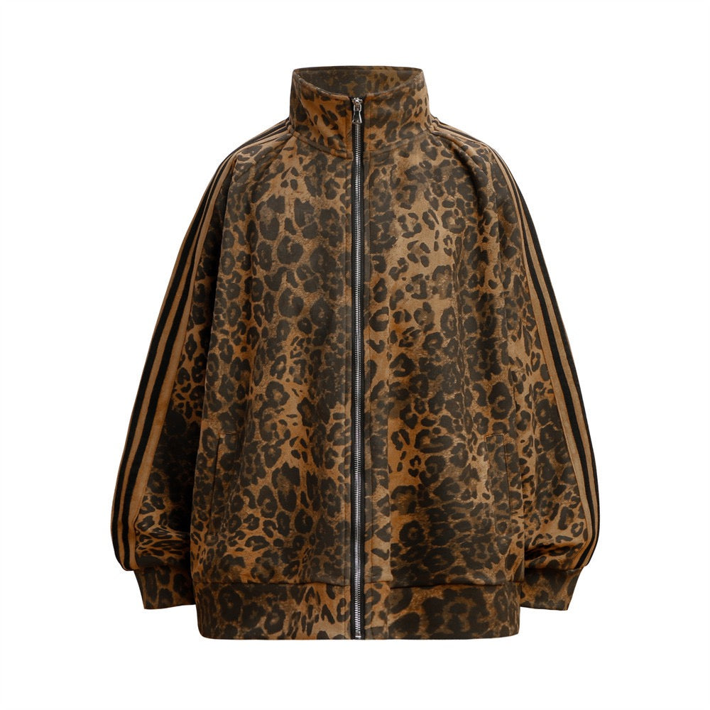 Oversized leopard print track jacket with black athletic side stripes and front zip closure, front view