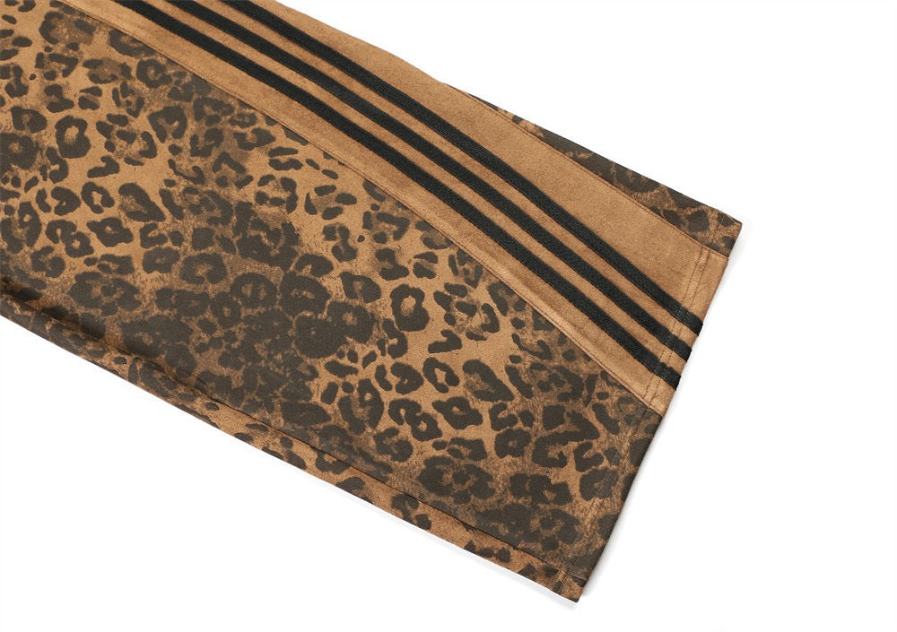 Leopard Print Wide-Leg Pants with Athletic Side Stripes