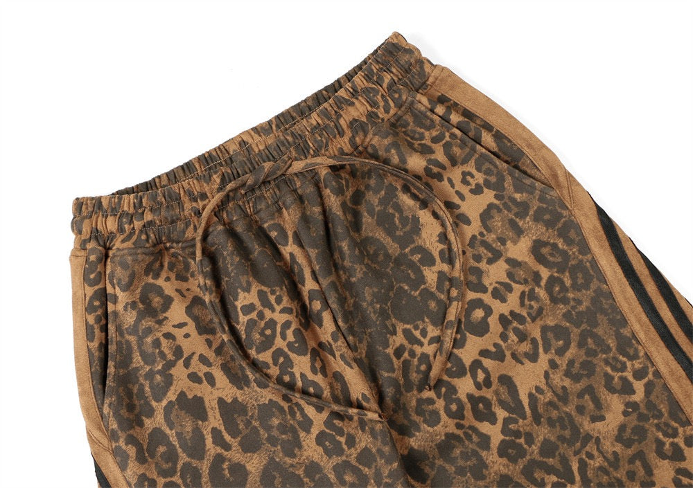 Leopard Print Wide-Leg Pants with Athletic Side Stripes