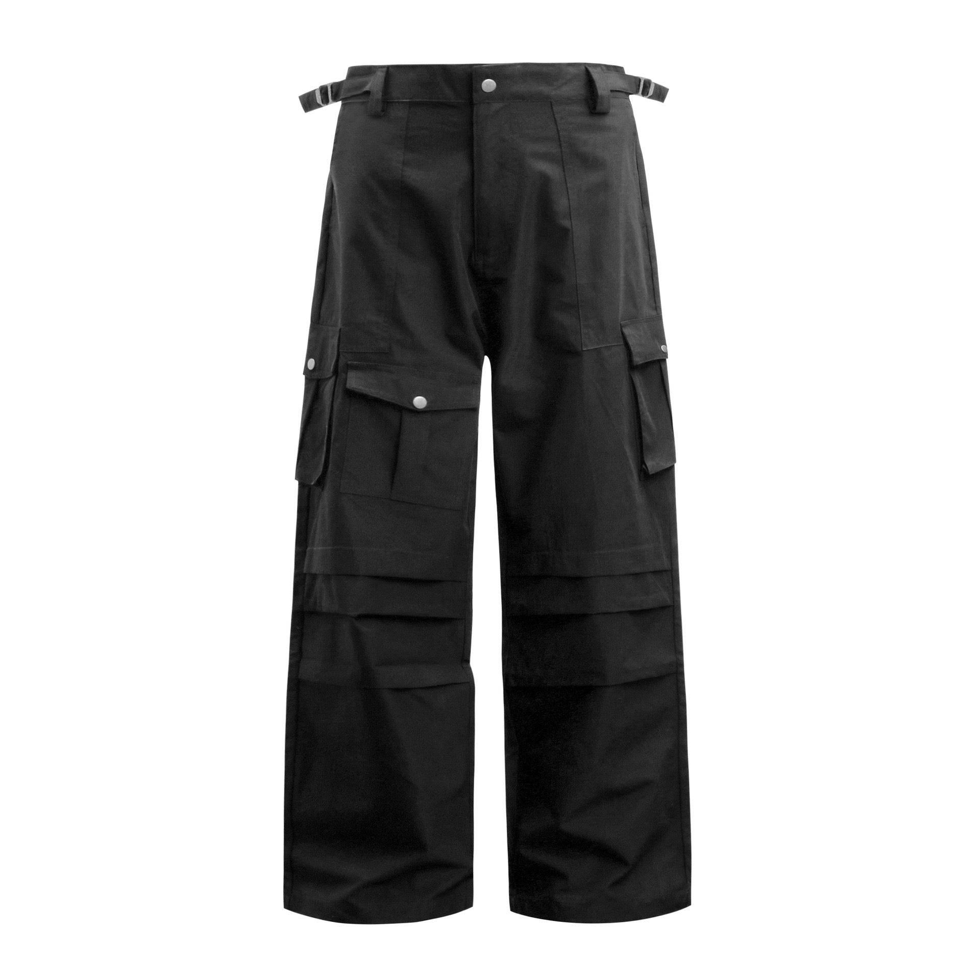 Front view of black wide-leg tactical cargo pants with oversized snap-button side pockets and adjustable buckle waist straps