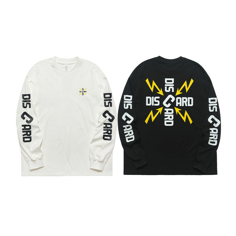 White and black long sleeve tees shown flat, both with bold sleeve graphics and chest print