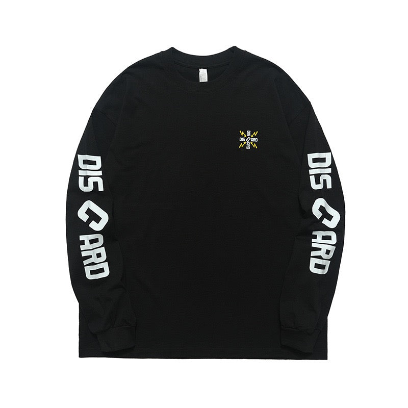 Black long sleeve graphic tee shown flat with DIS CARD print down both sleeves