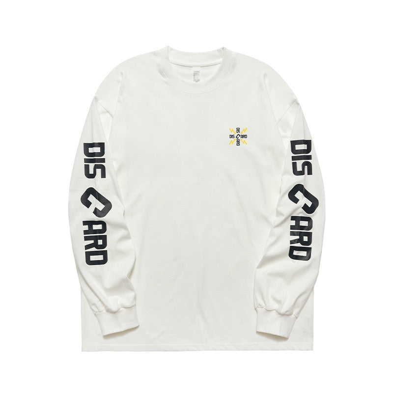 White long sleeve graphic tee shown flat with DIS CARD print down both sleeves