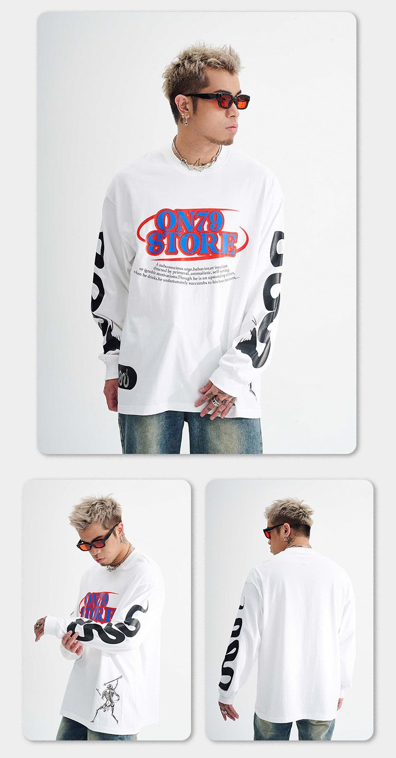 White oversized graphic long-sleeve tee worn by model, front view with side and back views below