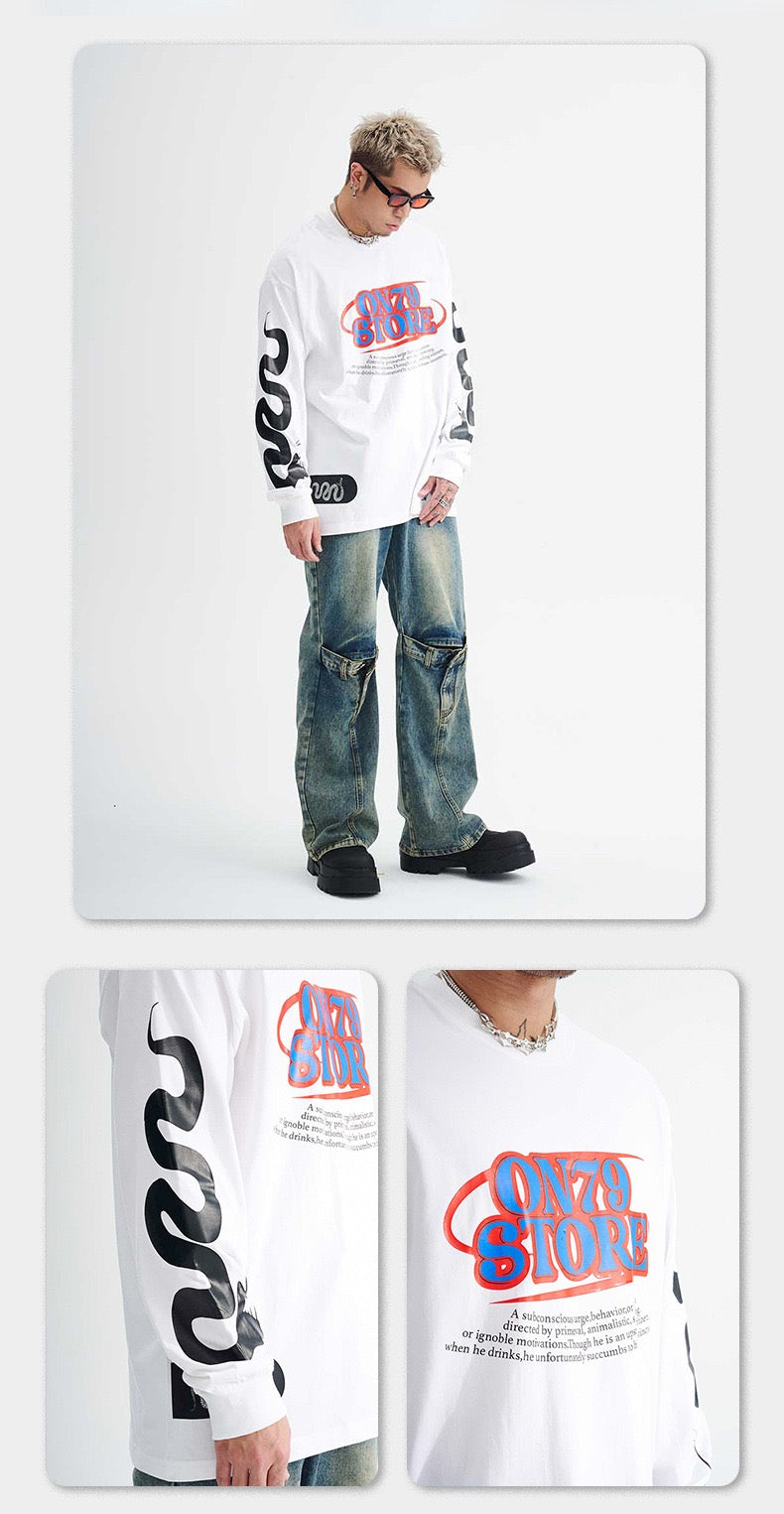 White oversized graphic tee worn by model, full-body view with sleeve and chest close-ups