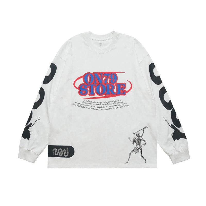 White oversized long-sleeve cotton tee with ON79 Store logo graphic, skeleton illustration, and sleeve letter prints