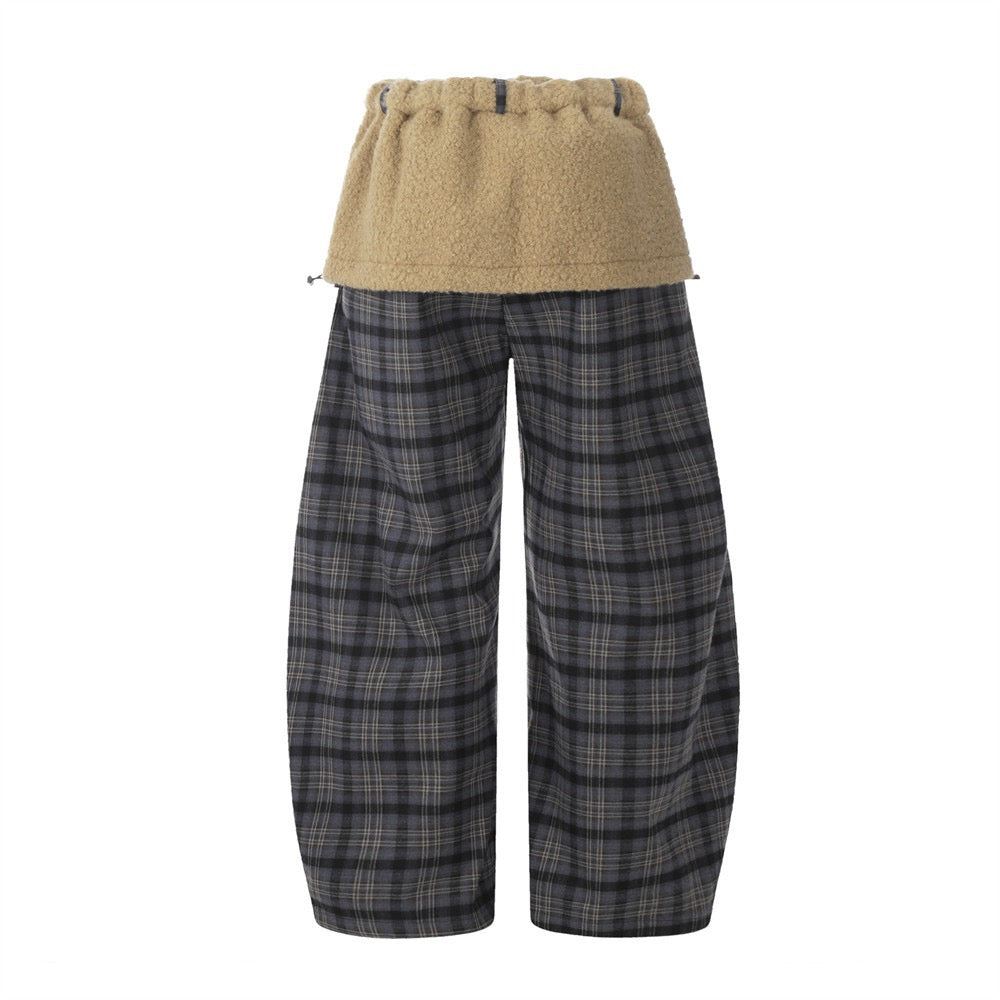 Layered Fleece Waist Plaid Wide-Leg Pants | Street Style