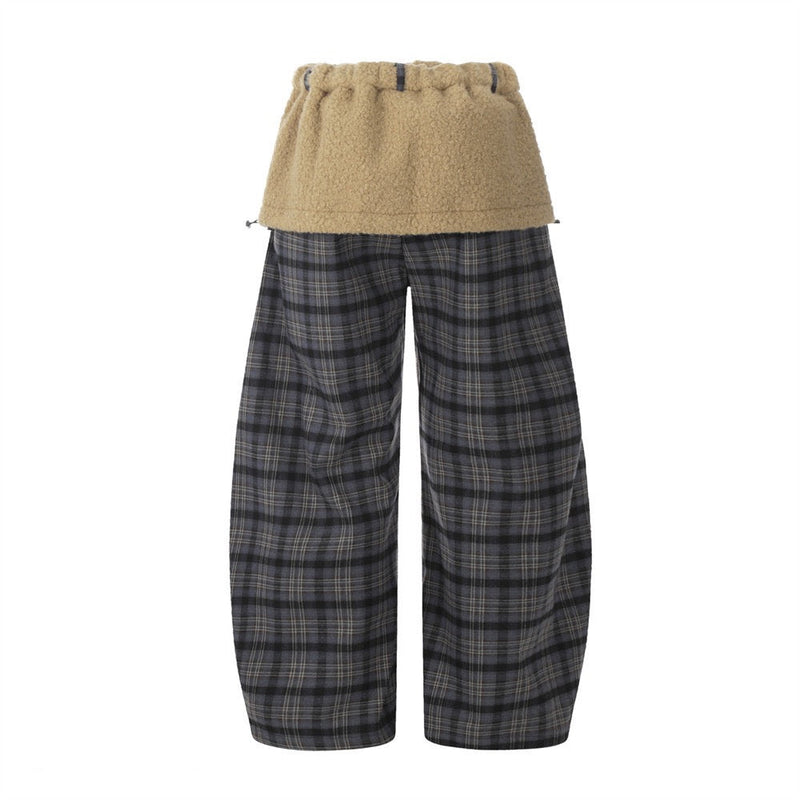 Layered Fleece Waist Plaid Wide-Leg Pants | Street Style