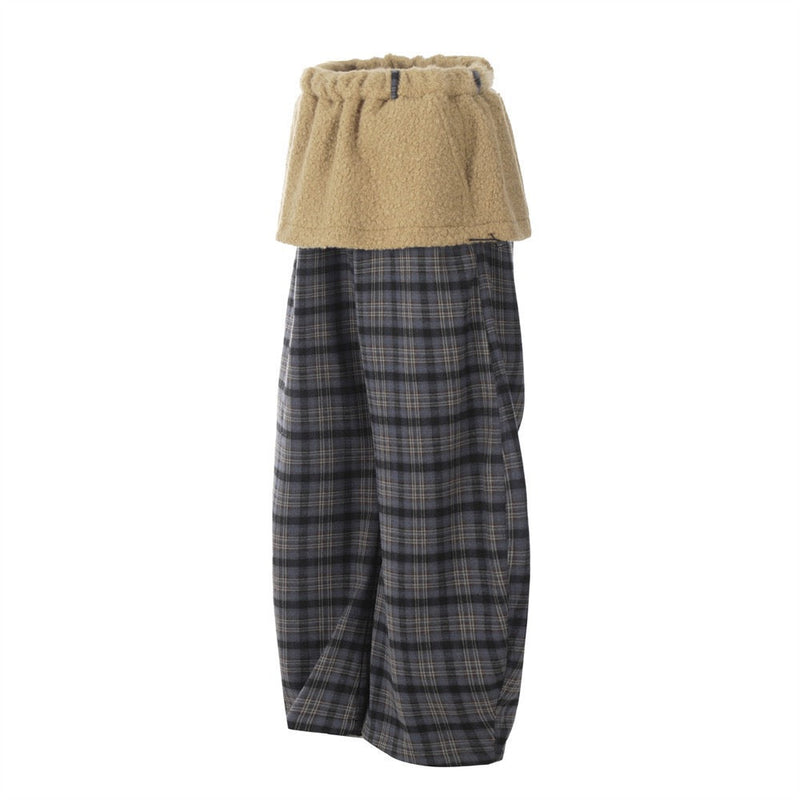 Layered Fleece Waist Plaid Wide-Leg Pants | Street Style