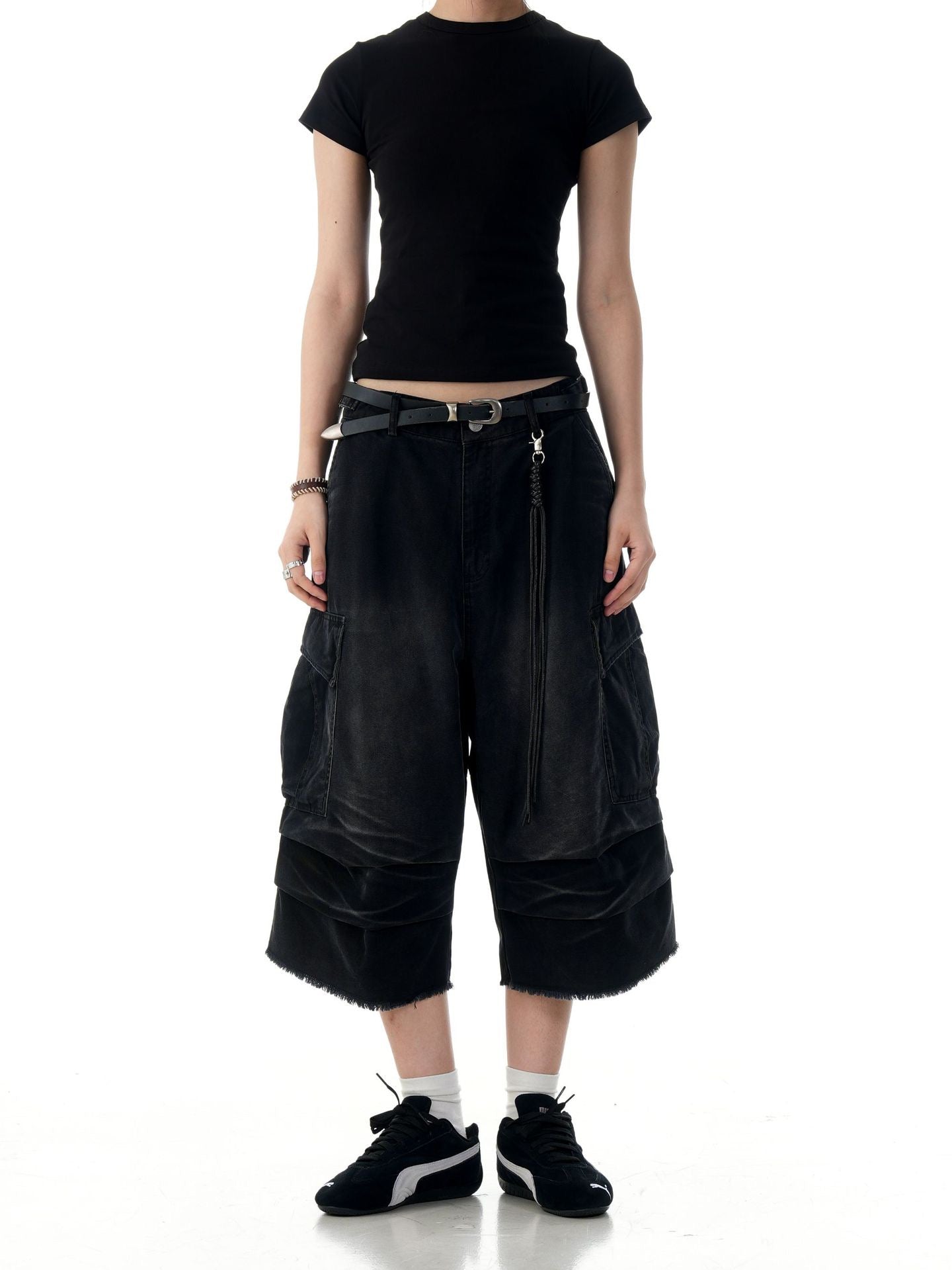 Omirad Washed Layer-Panel Cargo Shorts | Wide-Leg Streetwear