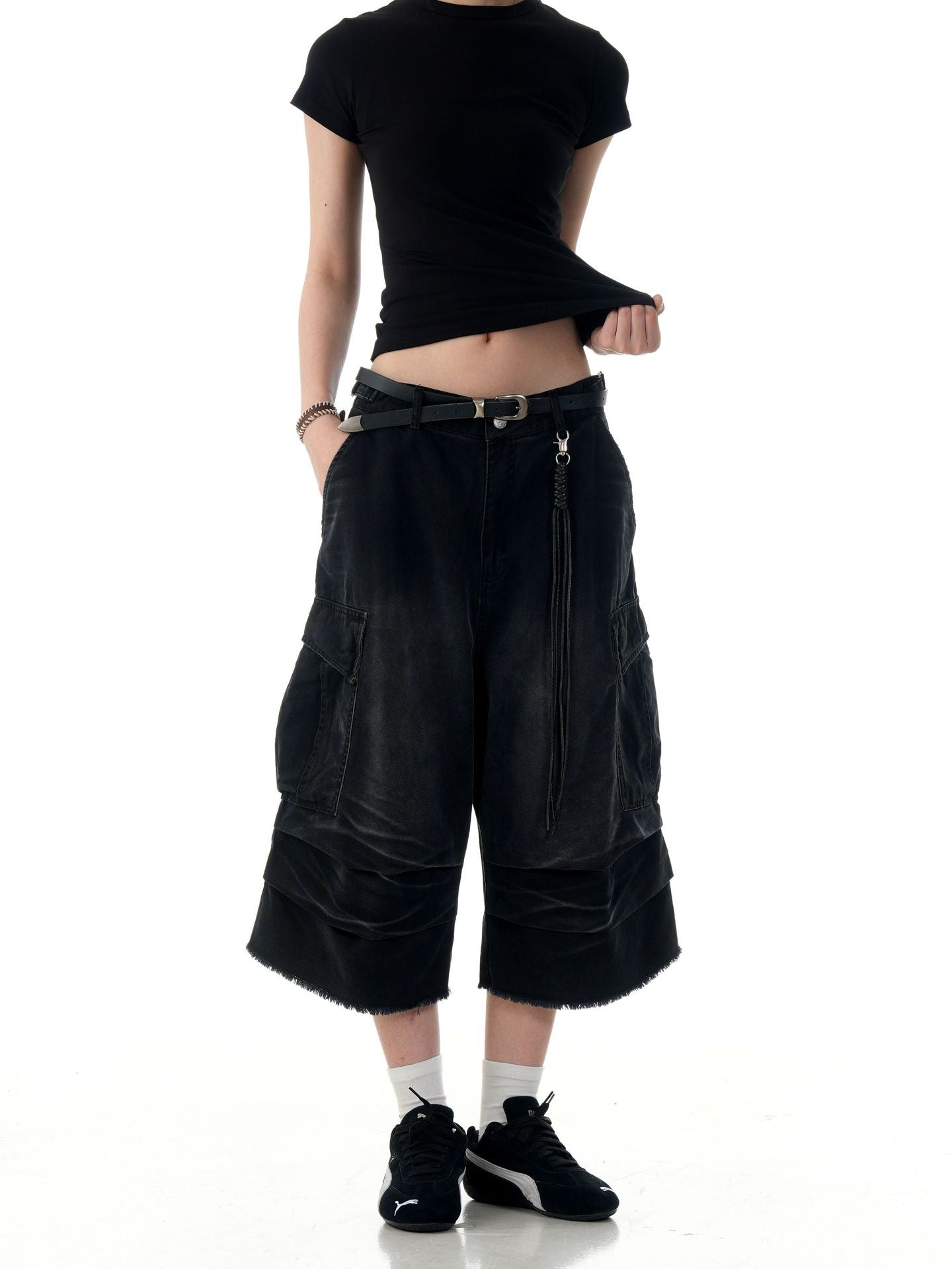 Omirad Washed Layer-Panel Cargo Shorts | Wide-Leg Streetwear