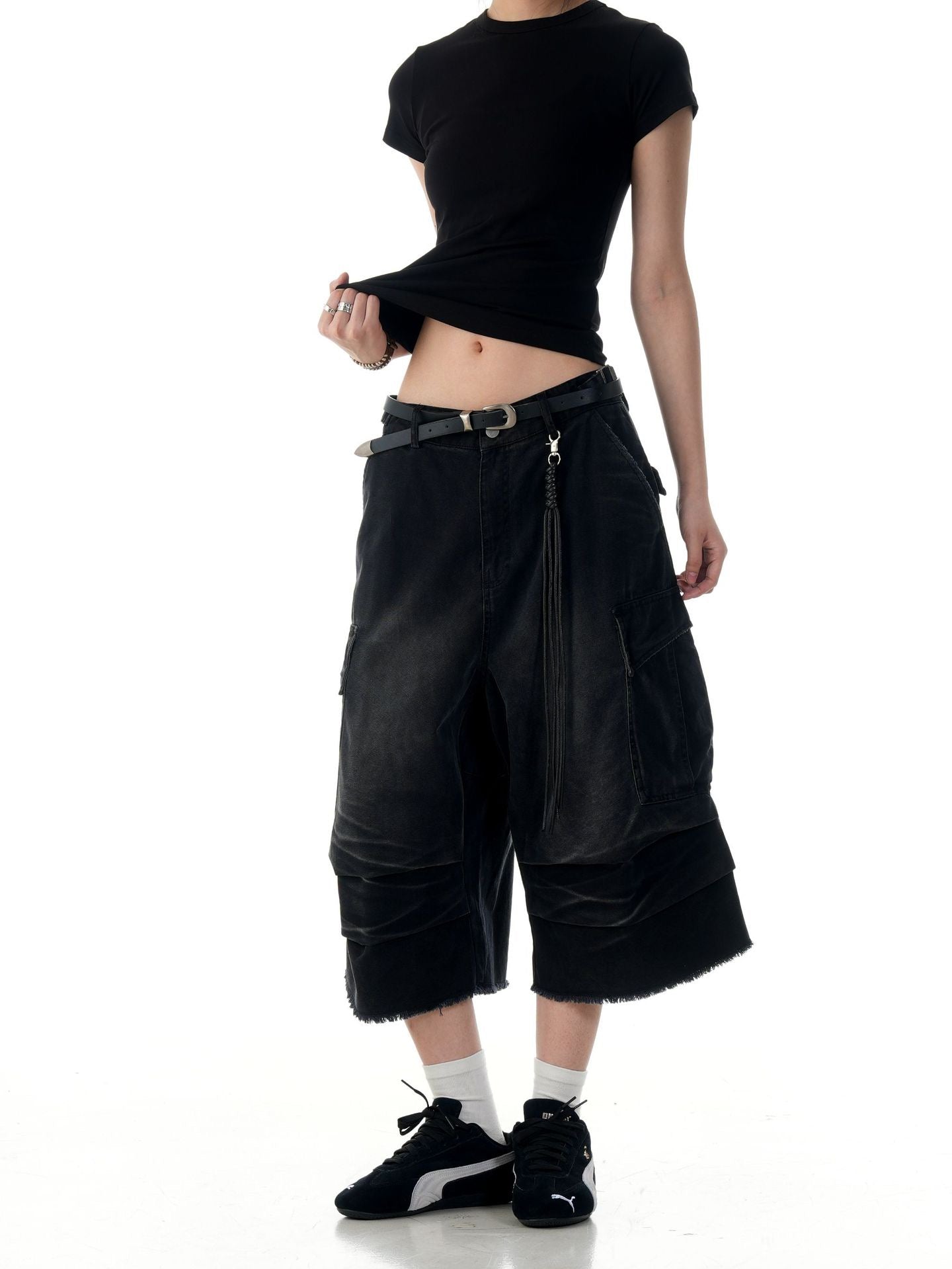 Omirad Washed Layer-Panel Cargo Shorts | Wide-Leg Streetwear