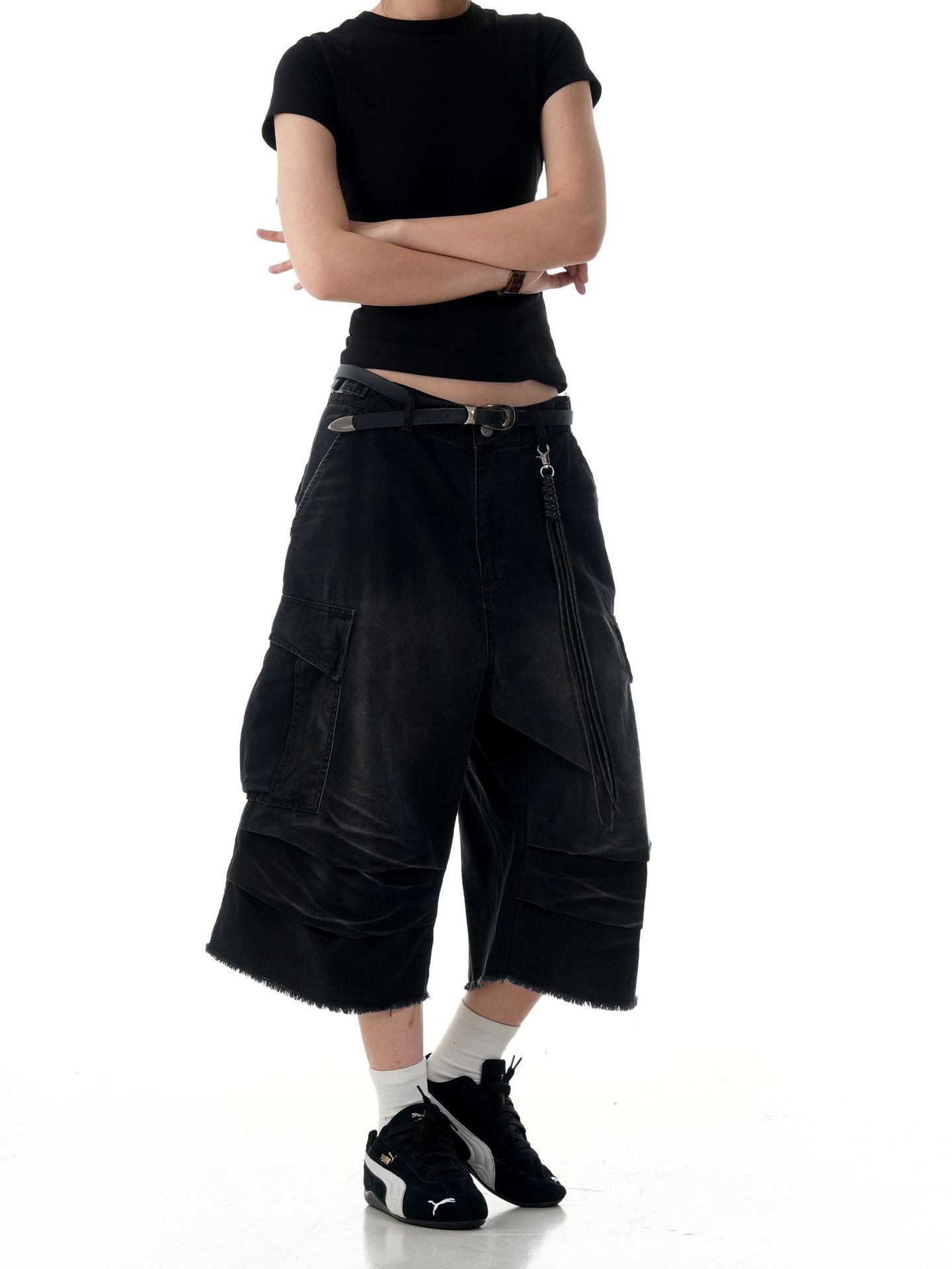 Omirad Washed Layer-Panel Cargo Shorts | Wide-Leg Streetwear