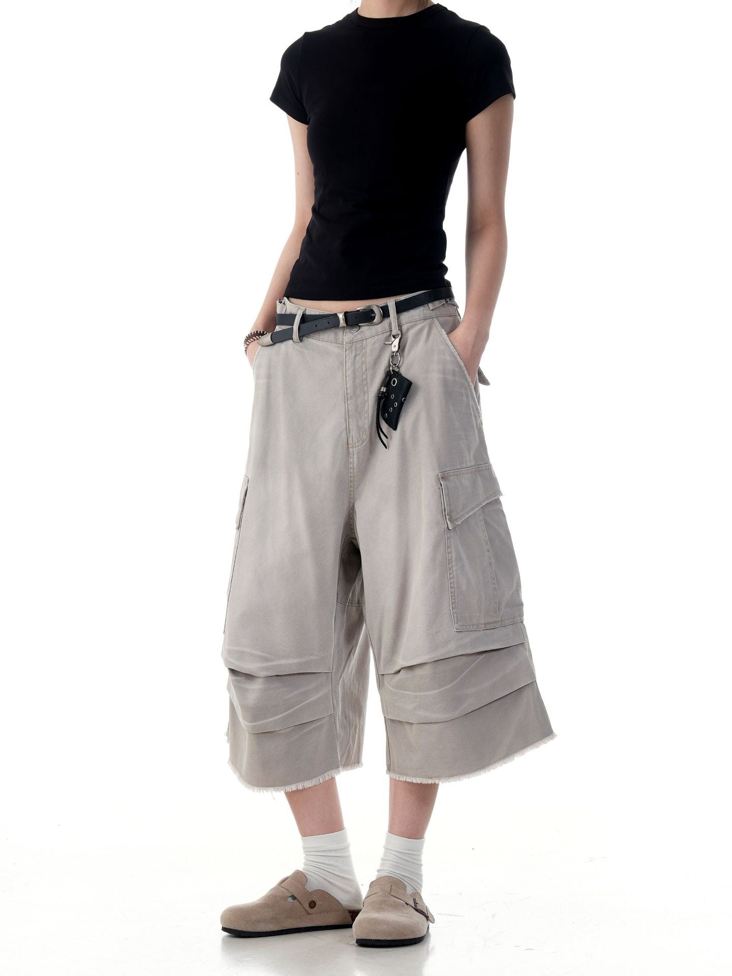 Omirad Washed Layer-Panel Cargo Shorts | Wide-Leg Streetwear