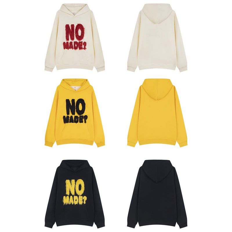 Four-color hoodie set showing front and back views in cream, yellow, and black