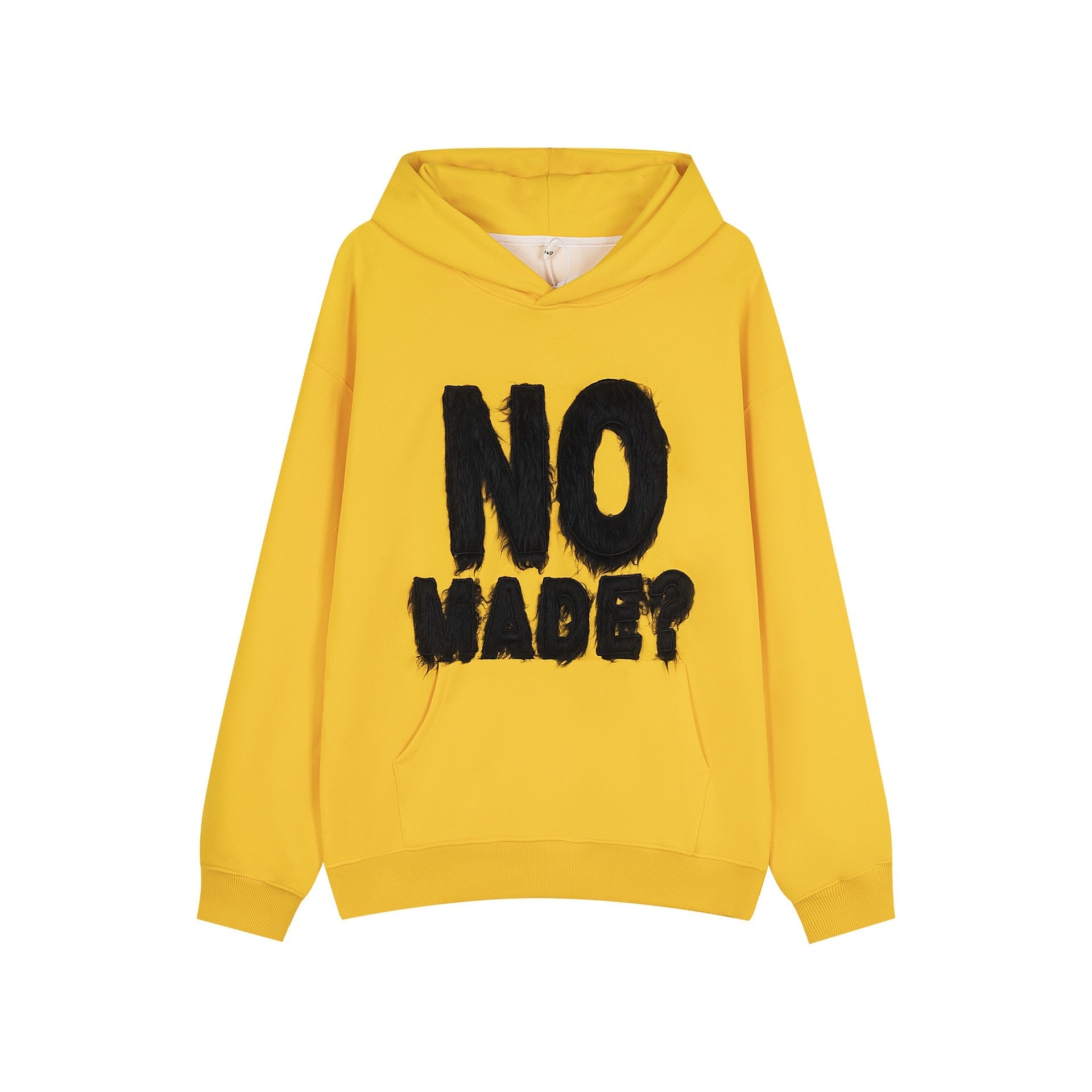 Yellow oversized hoodie with bold black furry raised NO MADE? lettering on the front chest