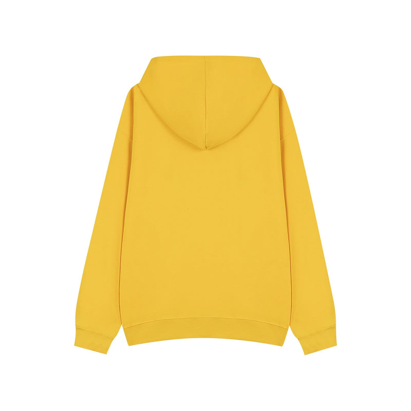 Yellow pullover hoodie back view with oversized hood and ribbed cuffs and hem