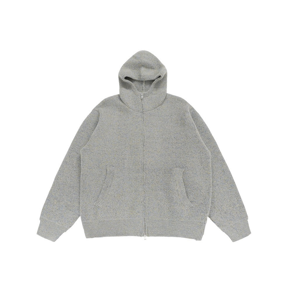 Grey textured knit full-zip hooded jacket with ribbed cuffs, hem, and front hand pockets, laid flat on white background