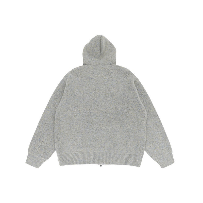 Light gray soft-knit hooded jacket shown from the back