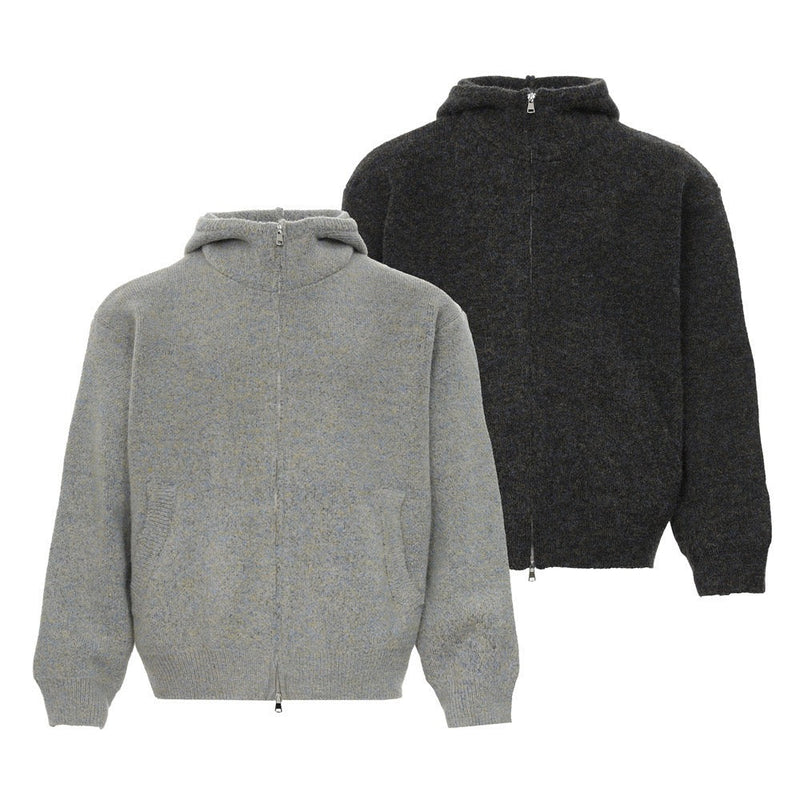Light gray and black full-zip hooded jackets shown from the front