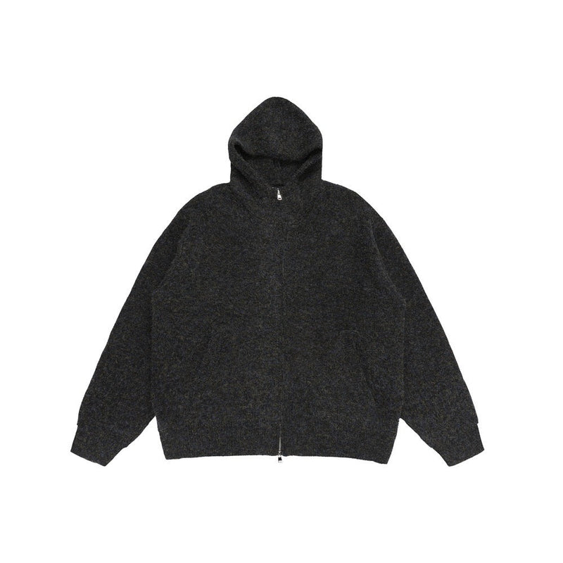 Black soft-knit hooded jacket shown from the back