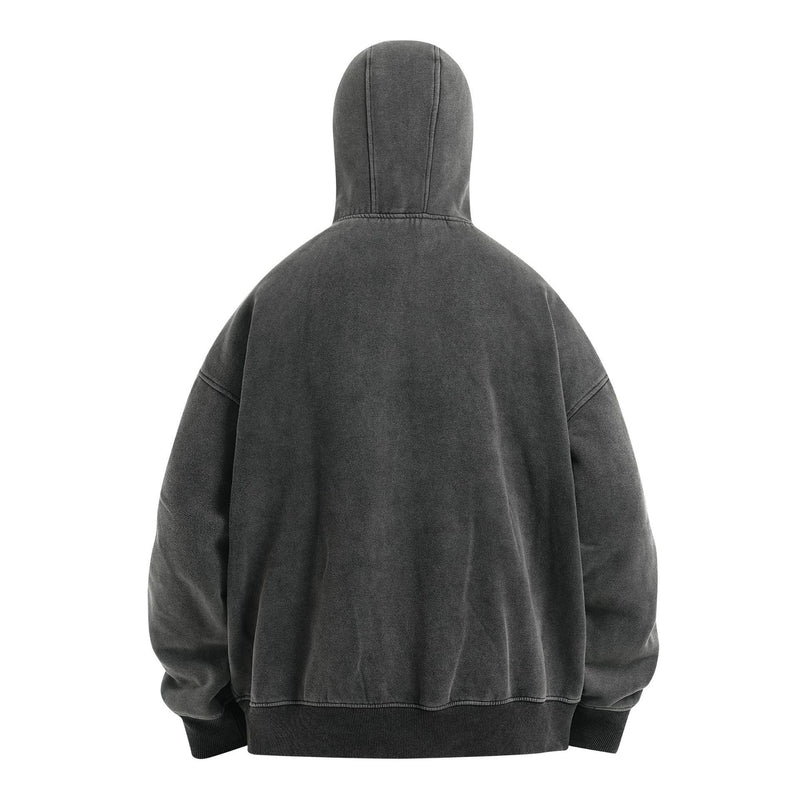 Back view of an oversized dark gray balaclava hoodie with dropped shoulders and ribbed cuffs