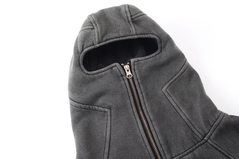 Front view of dark gray balaclava hoodie with full-length zipper and face opening