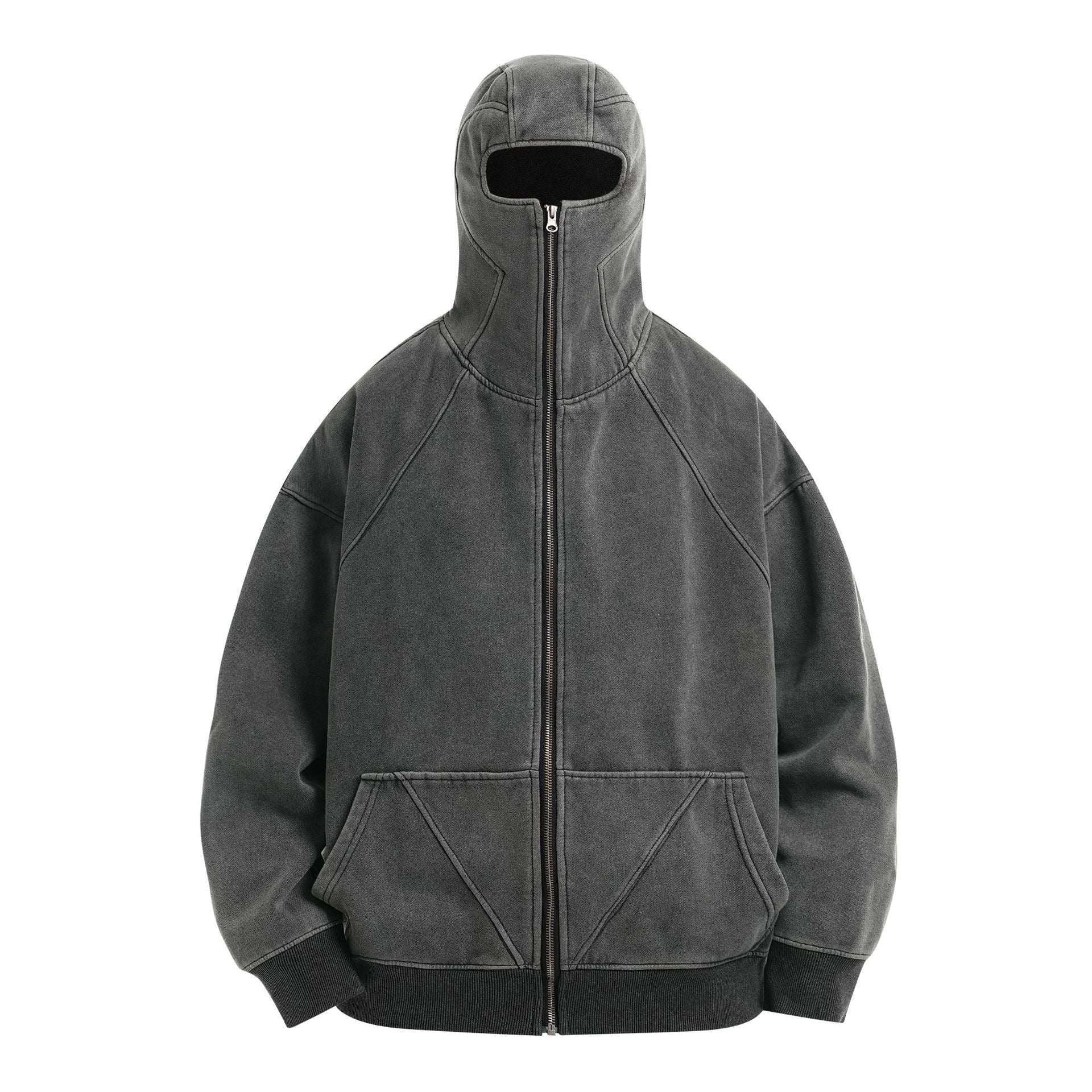 Oversized charcoal grey full-zip balaclava hoodie with paneled construction and garment-washed finish, front view