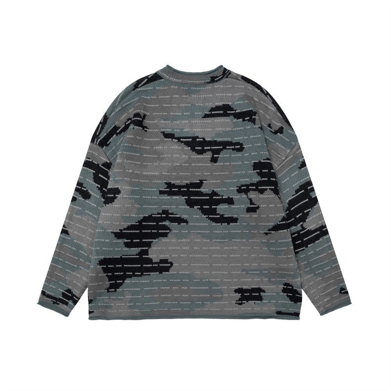 Gray camo jacquard knit pullover sweater laid flat, front view