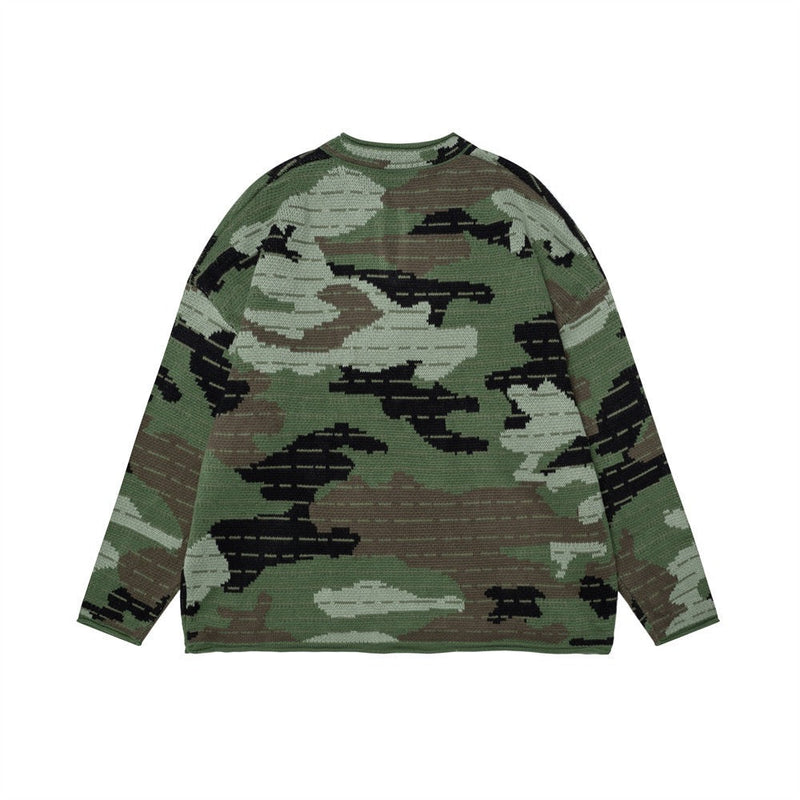 Green camo jacquard knit pullover sweater laid flat, back view