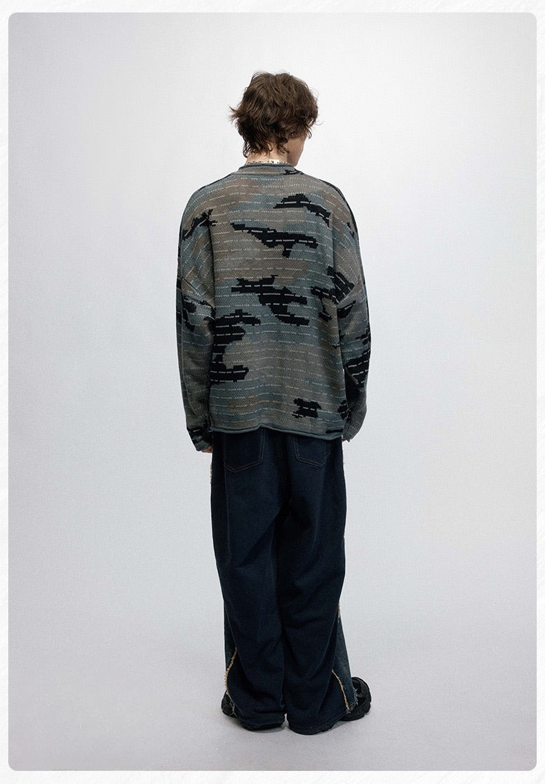 Gray camo pullover sweater worn by model, full back view