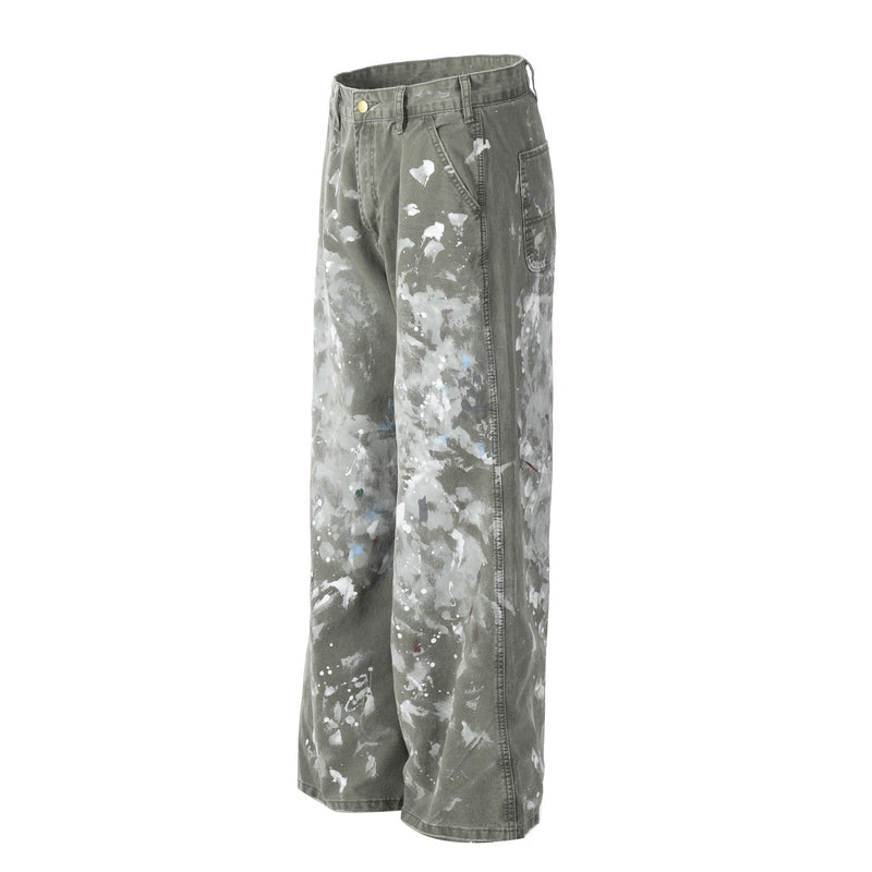 Paint Splatter Straight-Leg Pants | Khaki Streetwear Trousers