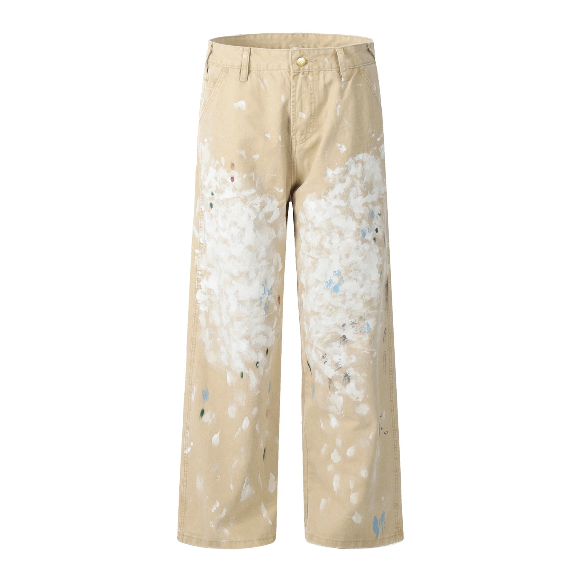 Front view of khaki straight-leg pants with white and blue paint splatter pattern across thighs and knees