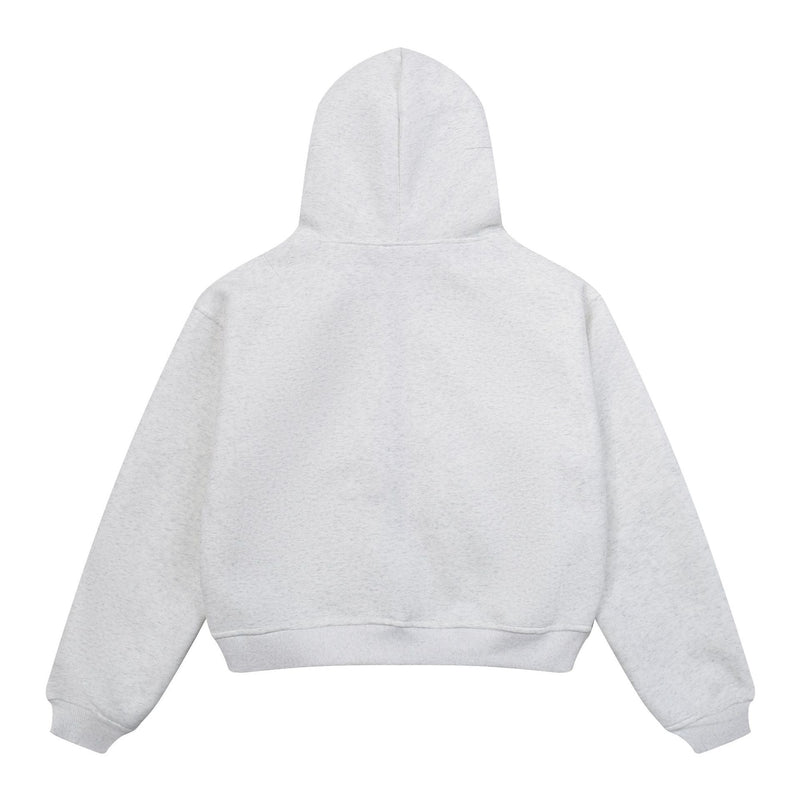 Back view of ash grey zip-up hoodie with high hood and ribbed hem