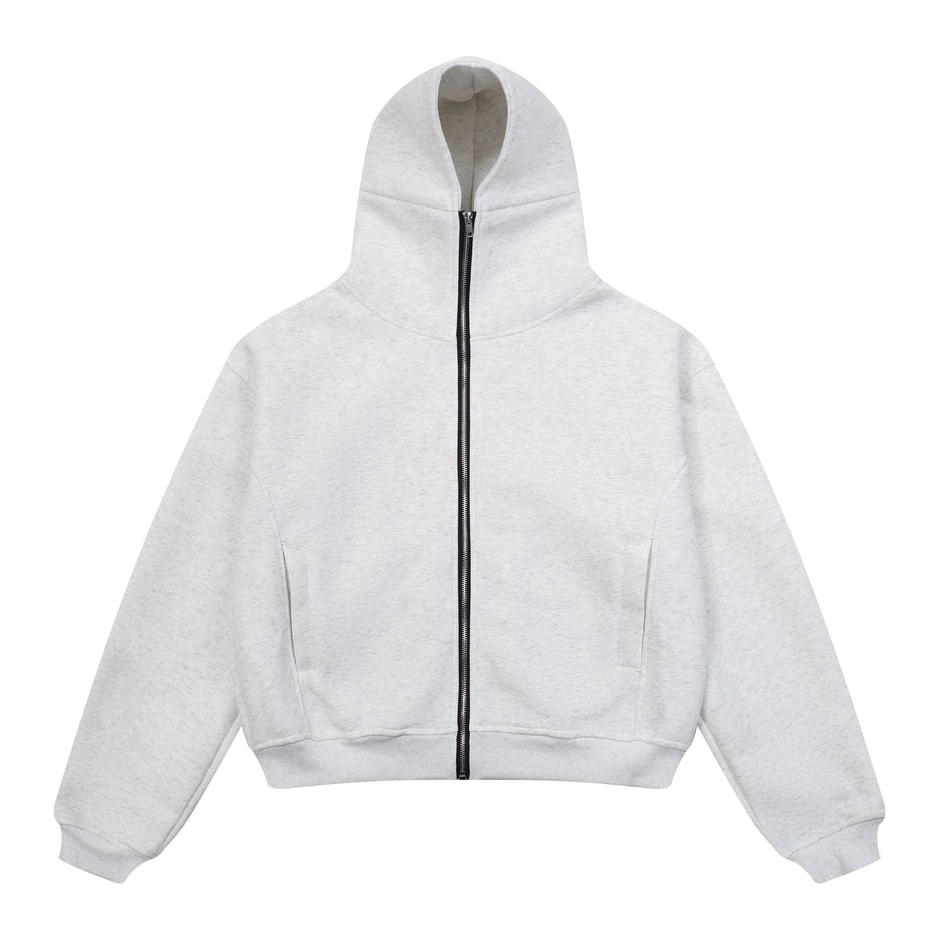 Ash grey minimal zip-up hoodie with high-neck hood, centre zipper and ribbed cuffs, laid flat on white background