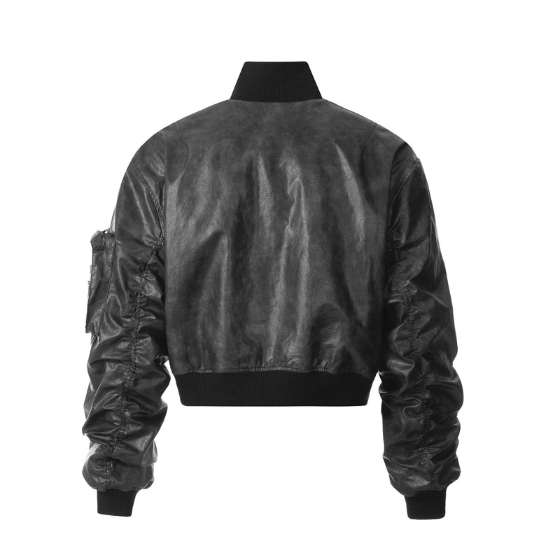 Omirad Vintage PU Leather Cropped Bomber Jacket | Streetwear