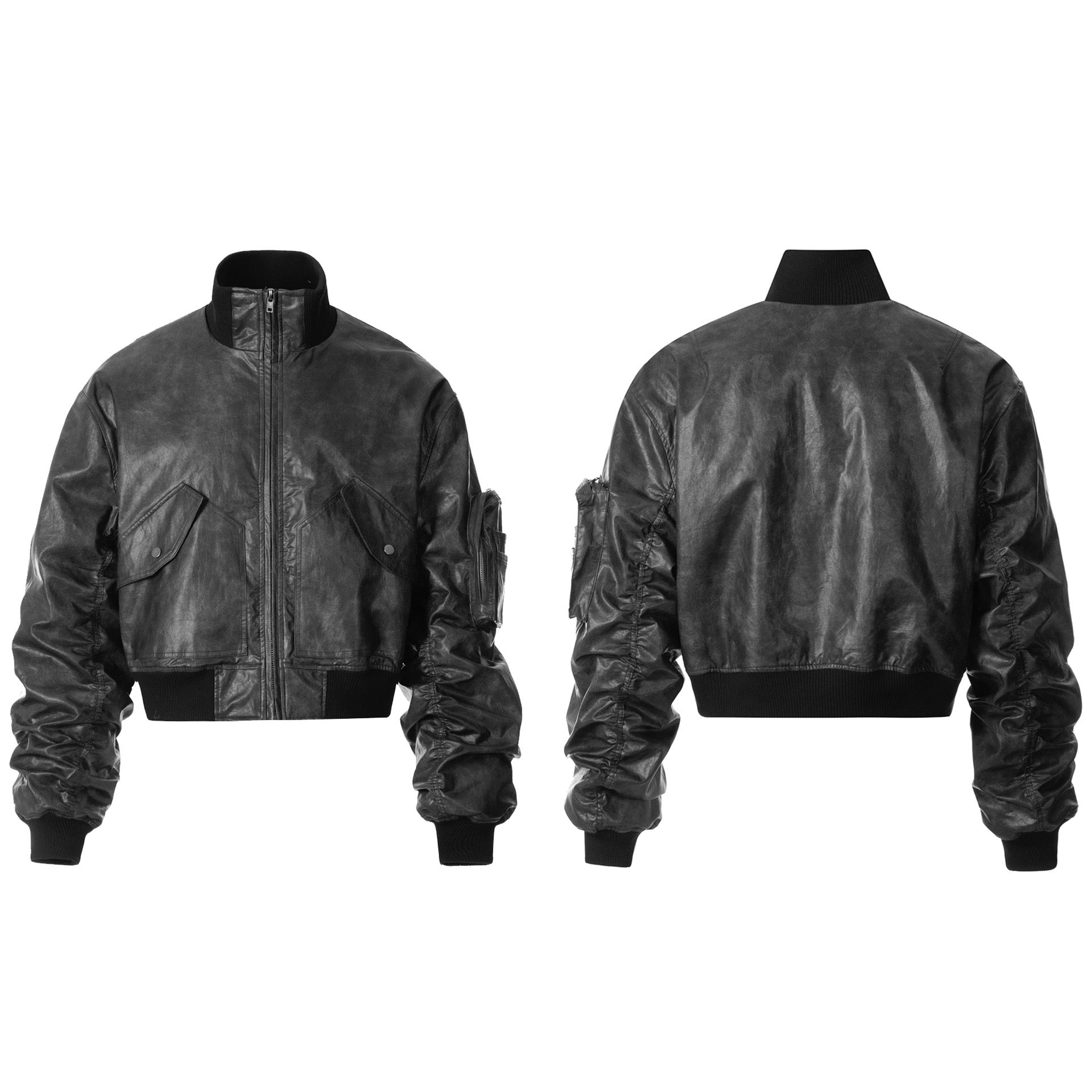 Front and back view of a cropped black distressed PU bomber jacket with ruched sleeves and utility sleeve pocket