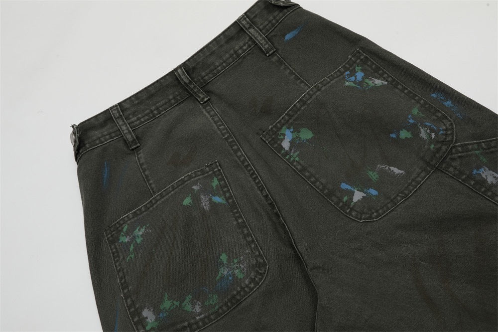 Paint-Stroke Wide-Leg Carpenter Pants | Streetwear Workwear