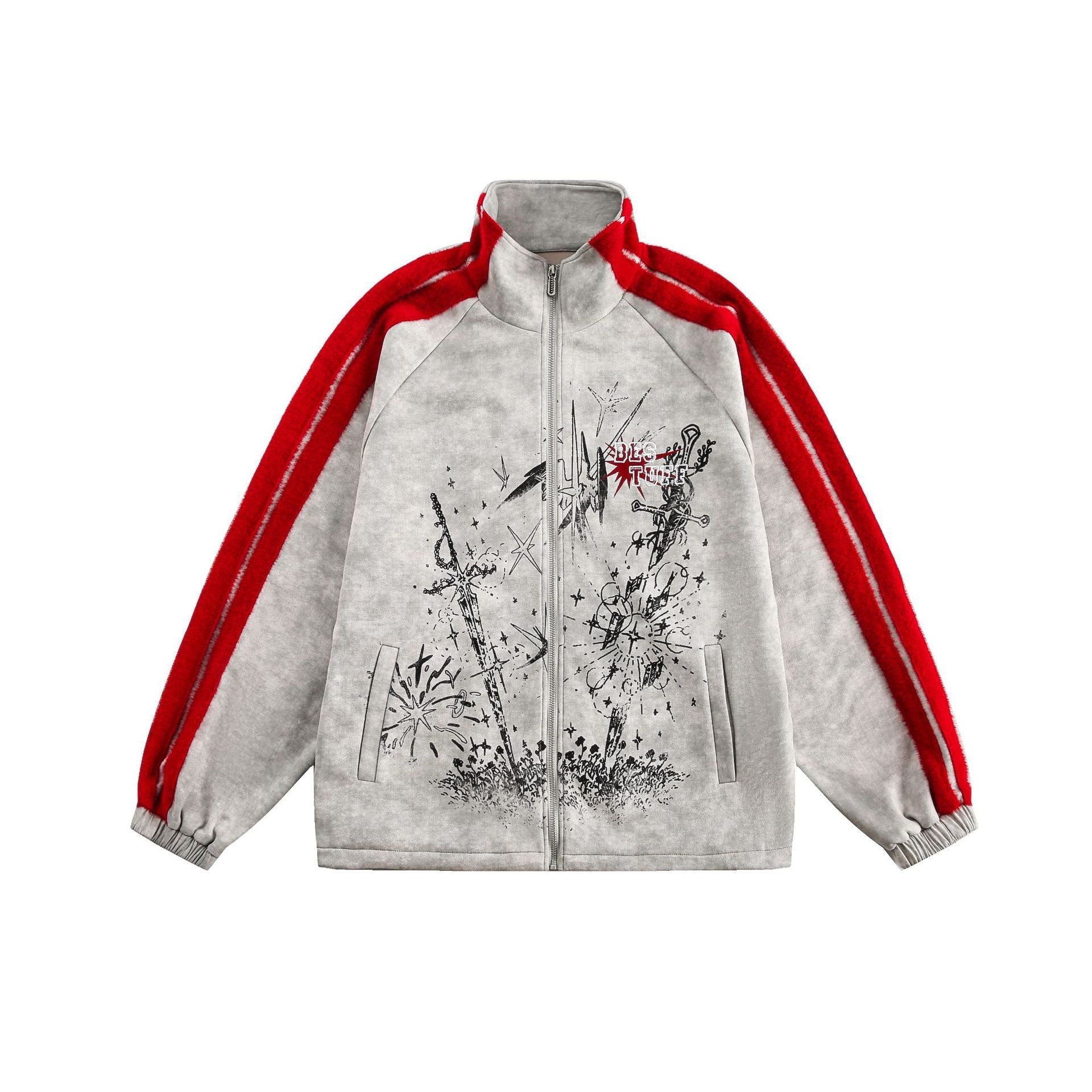 Omirad grey track jacket with red sleeve stripes and sword graphic print on the front, full-zip stand collar design