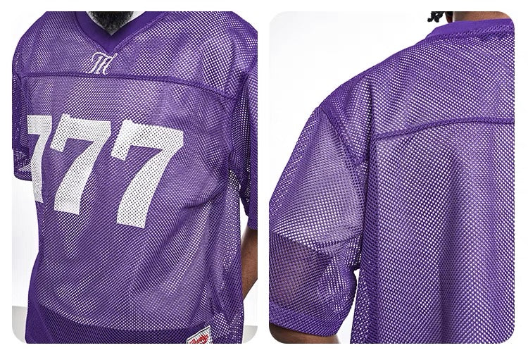Purple mesh football jersey with large white 777 print on the front and matching streetwear sports style