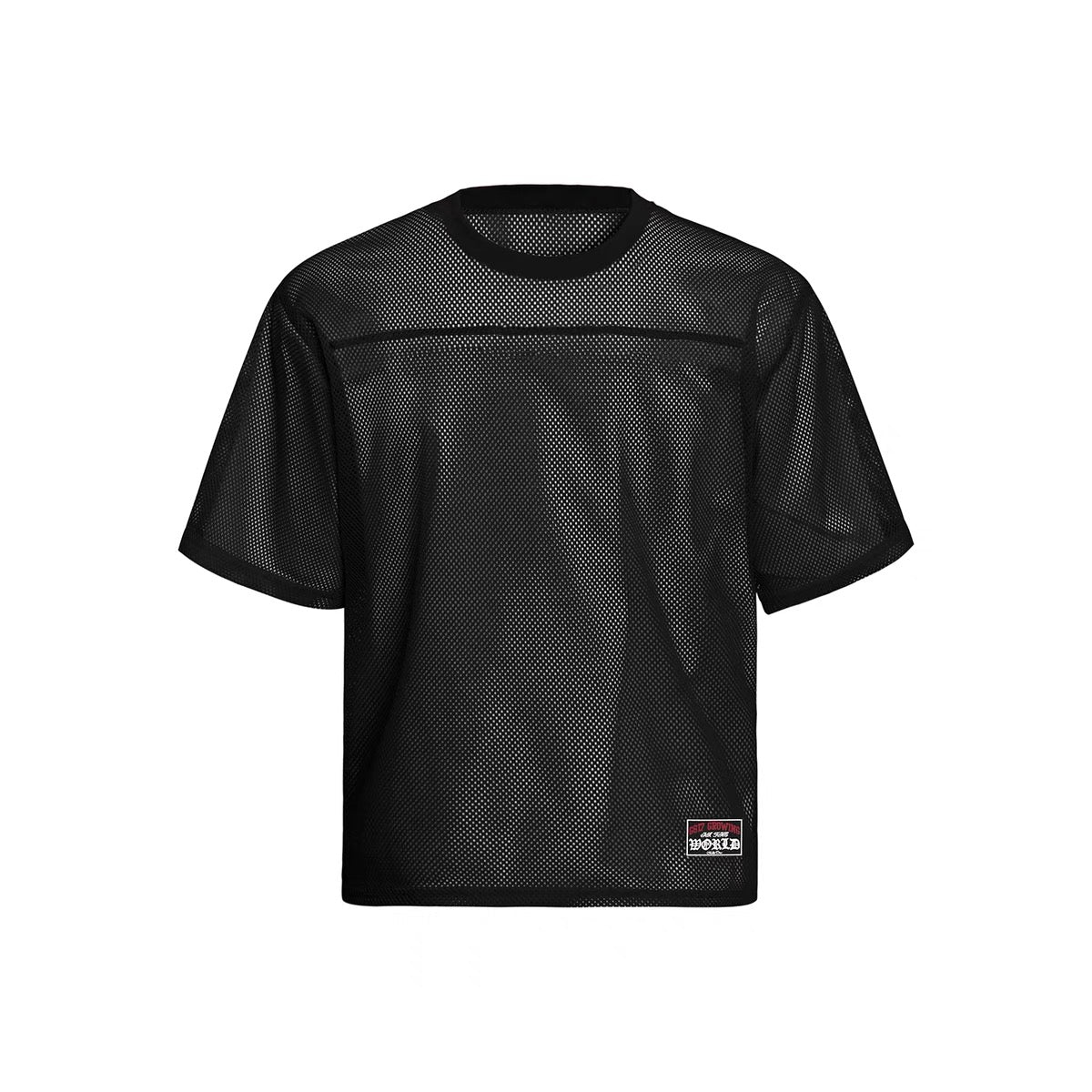 Black mesh athletic jersey tee with ribbed crew neckline, reinforced shoulder paneling, and woven Omirad hem label