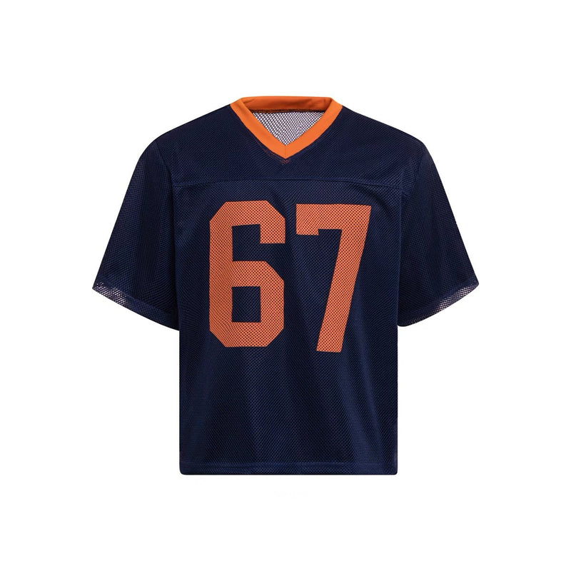 Navy mesh varsity jersey tee with orange trim and large number 67 on the front, streetwear style