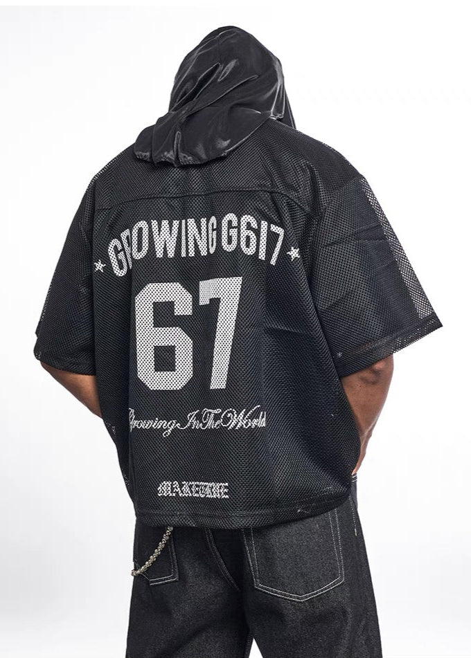 Black mesh jersey tee with oversized 67 print, hooded back view, and varsity streetwear styling