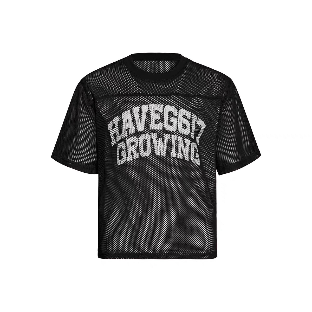 Black open-mesh jersey tee with white arched HAVEG617 GROWING varsity graphic print on the chest